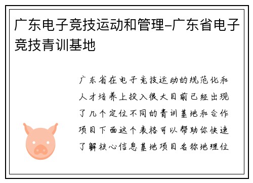 广东电子竞技运动和管理-广东省电子竞技青训基地